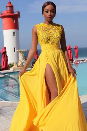 Sexy A-line Sweep/Brush Train Sleeveless Embroidery Long Chiffon Slit Prom Dresses OHC207
