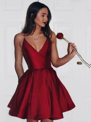 Sexy A Line V Neck Short Burgundy Prom Dress with Spaghetti Straps, Short V Neck Burgundy Homecoming Dress, Formal Dress