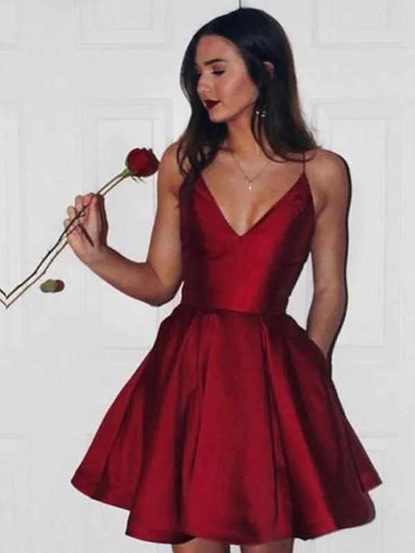 Sexy A Line V Neck Short Burgundy Prom Dress with Spaghetti Straps, Short V Neck Burgundy Homecoming Dress, Formal Dress