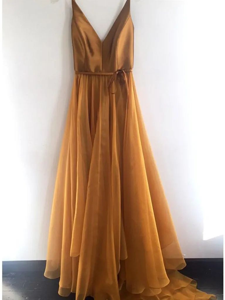 Sexy Long V Neck Spaghetti Straps Prom Dresses, Cheap Formal Evening Dresses