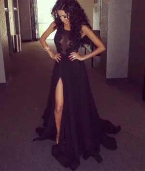 Sexy Round Neck Lace Black Prom Dresses, Black Lace Evening Dresses