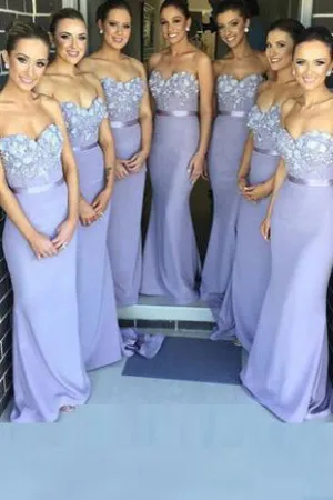 Sexy Sheath/Column Sweetheart Sweep Train Sleeveless Long Chiffon Bridesmaid Dresses with Appliques  OHS122