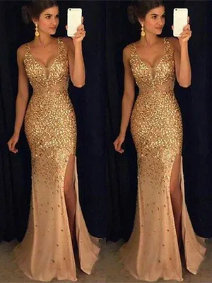 Sexy Sweetheart Neck Golden Mermaid Prom Dress with Slit, Mermaid Formal Dress, Graduation Dress