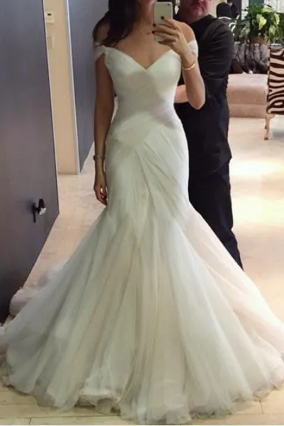 Sexy Trumpet/Mermaid Sweep/Brush Train Off The Shoulder Bridal Gown Wedding Dresses with Ruffles OHD126