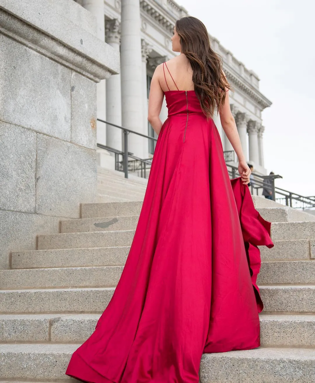 Sexy V neck Split Backless Red Bridesmaid Dresses with pockets Dress