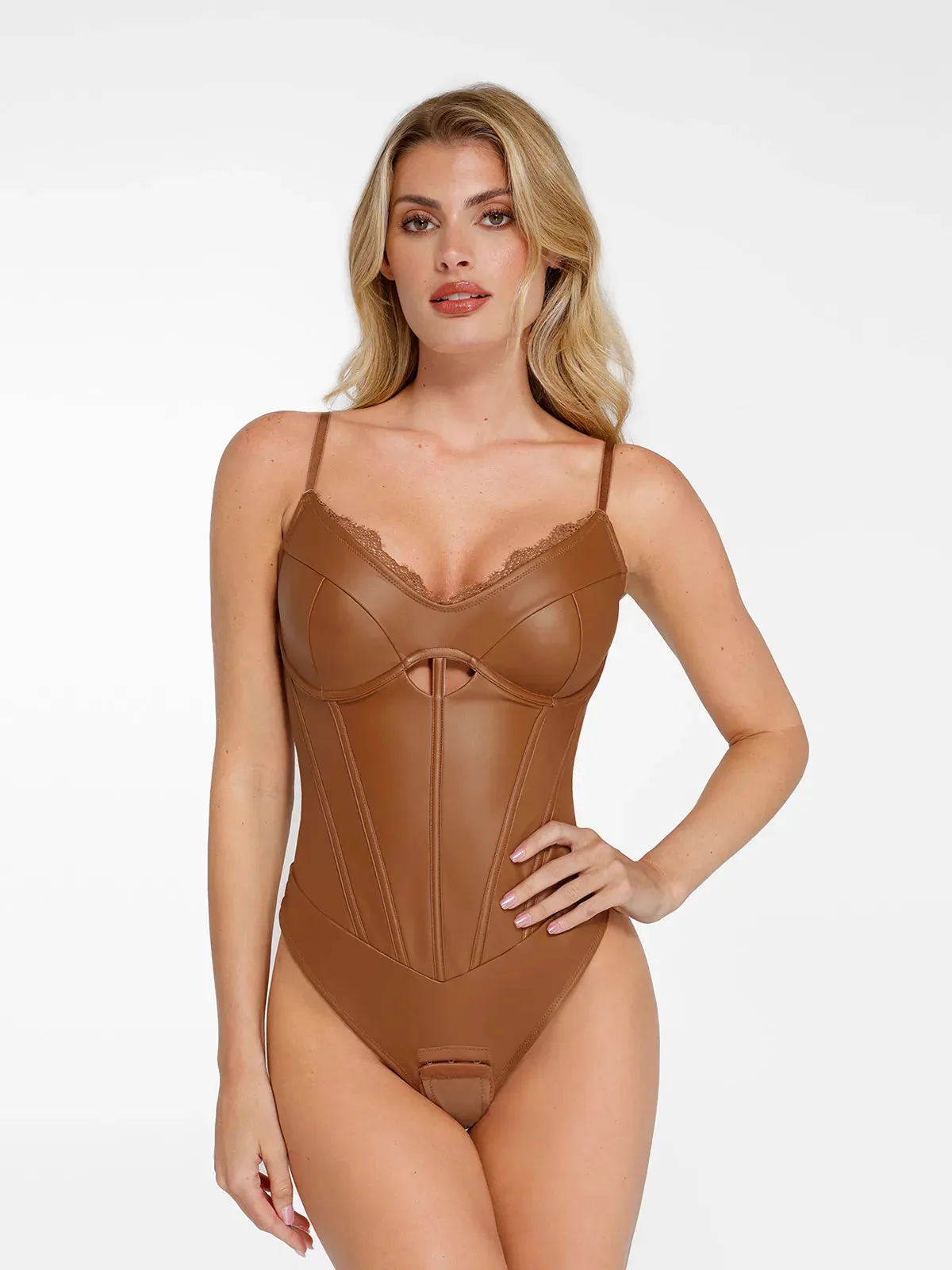 Shapewear Faux Leather Sleeveless Hollow Corset Bodysuit