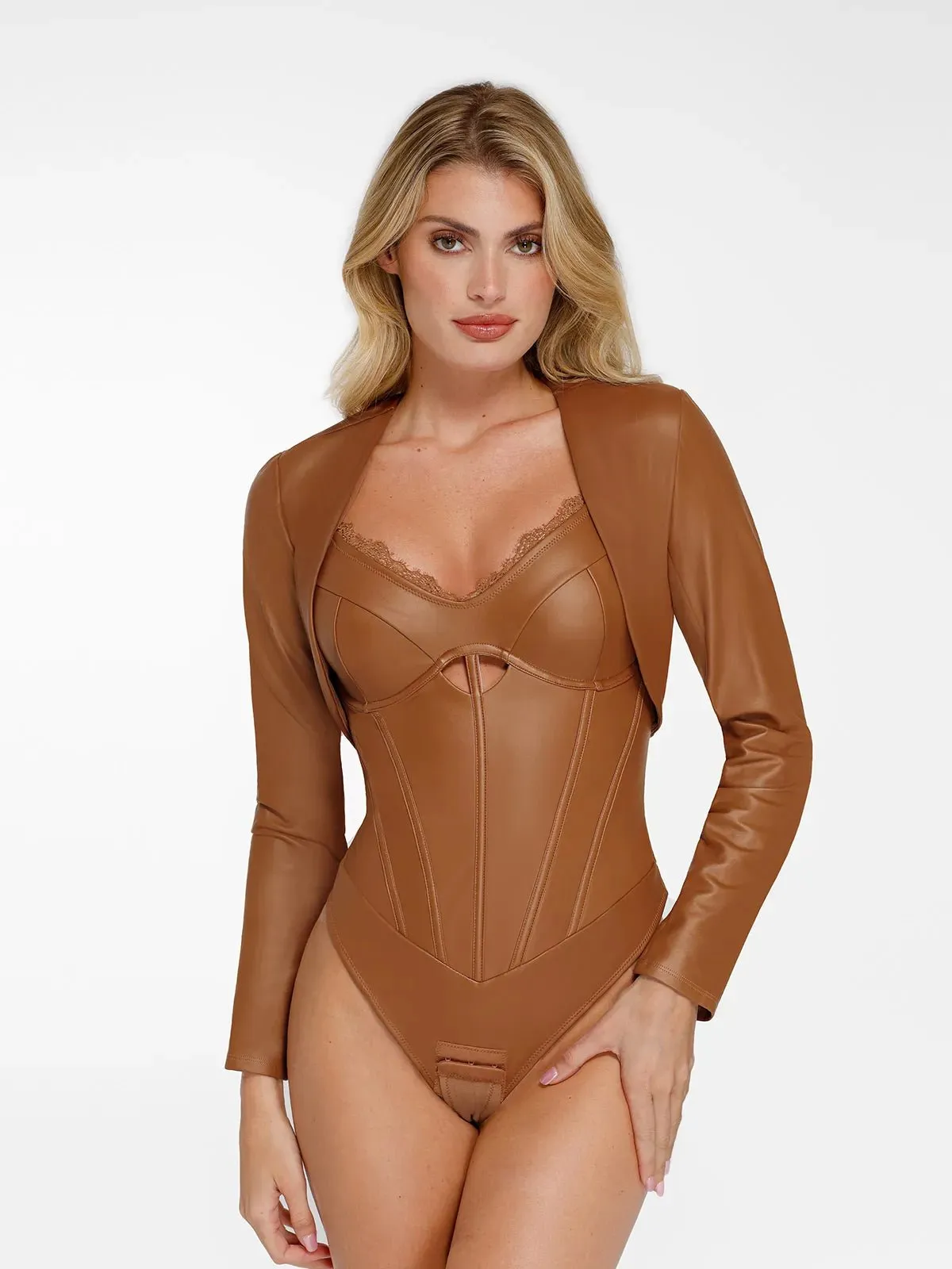 Shapewear Faux Leather Sleeveless Hollow Corset Bodysuit