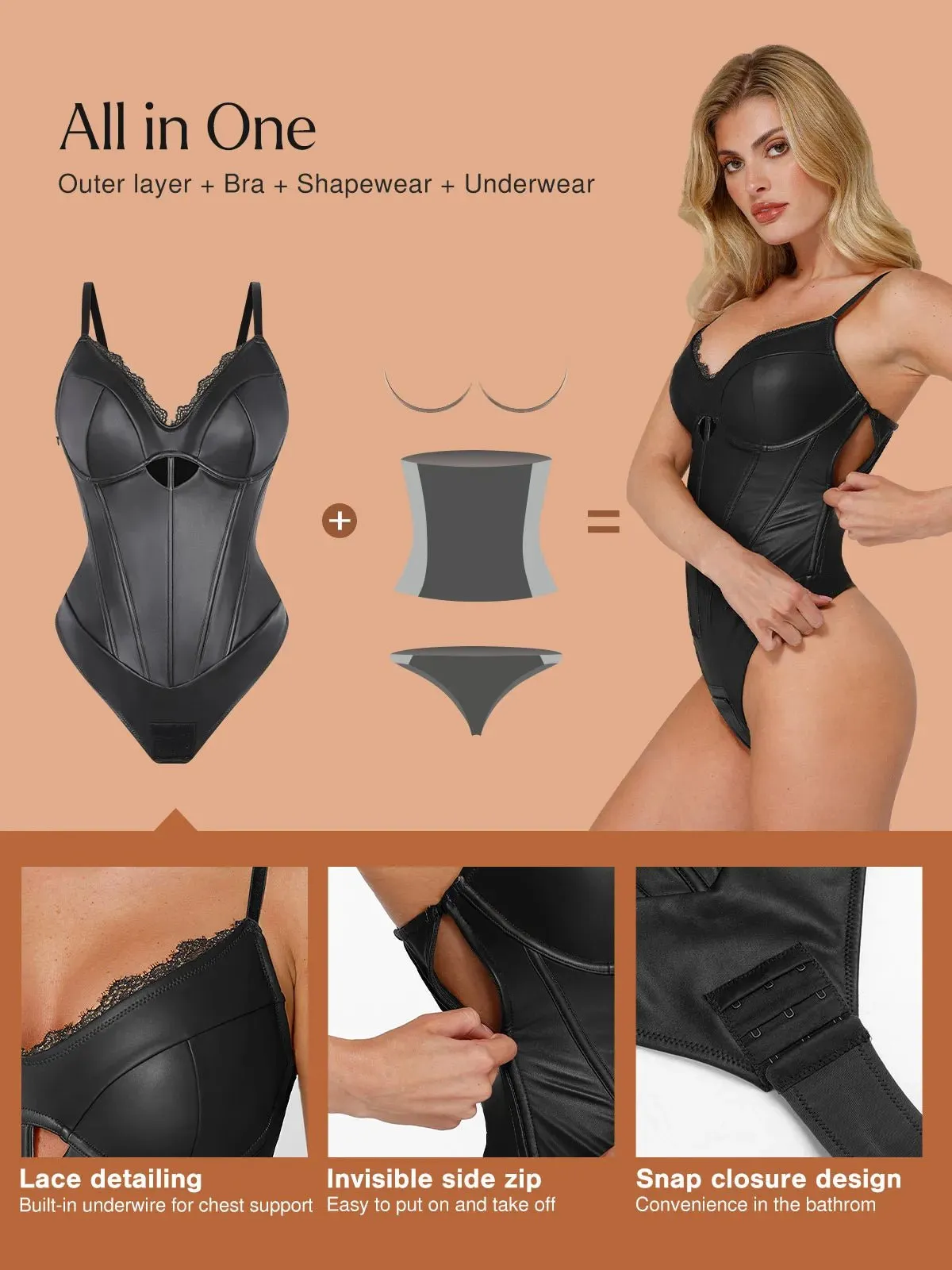 Shapewear Faux Leather Sleeveless Hollow Corset Bodysuit