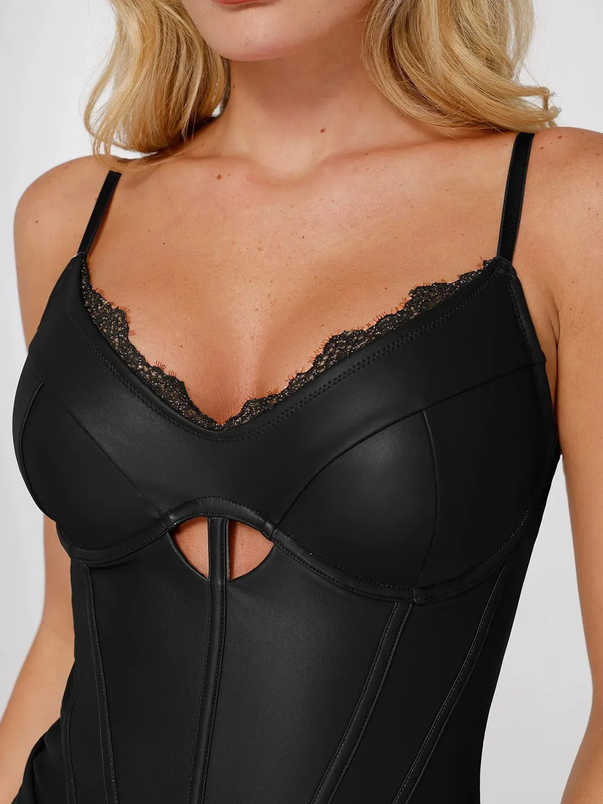 Shapewear Faux Leather Sleeveless Hollow Corset Bodysuit