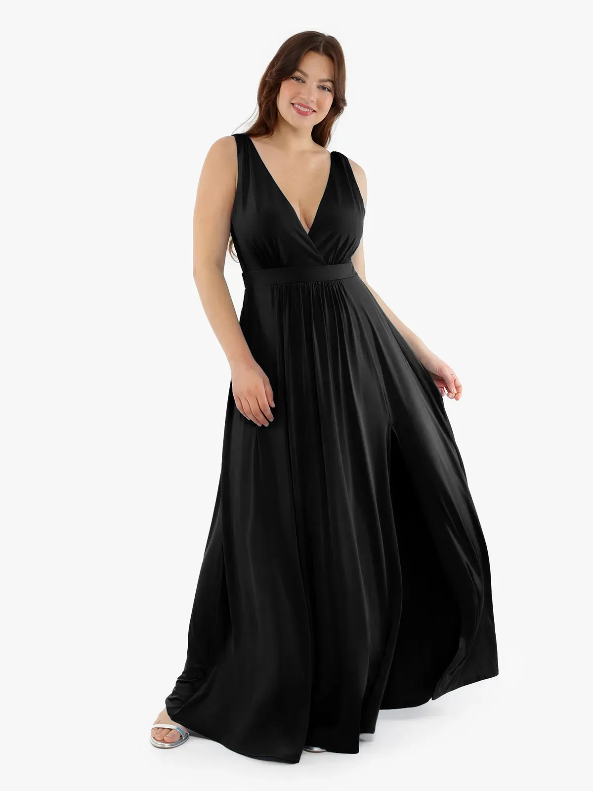 Shapewear Goddess Deep V-Neck Front Slit Maxi Dress