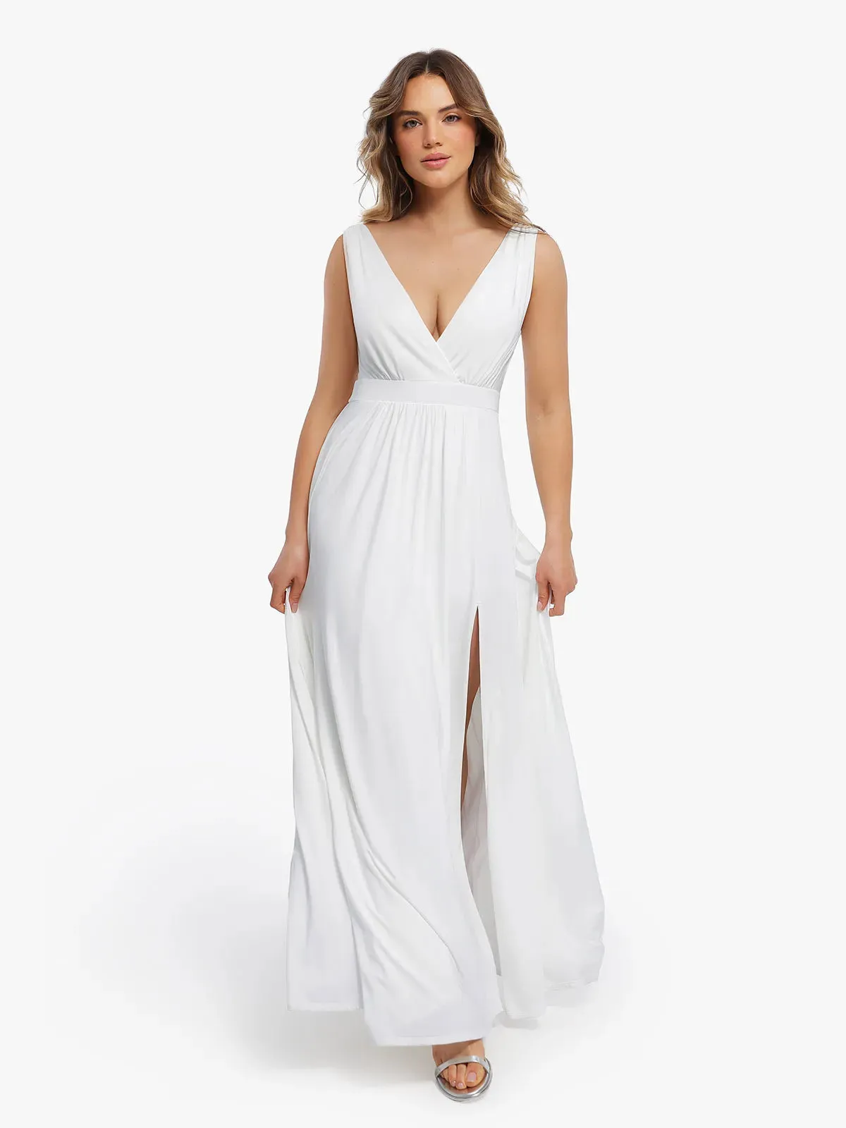 Shapewear Goddess Deep V-Neck Front Slit Maxi Dress