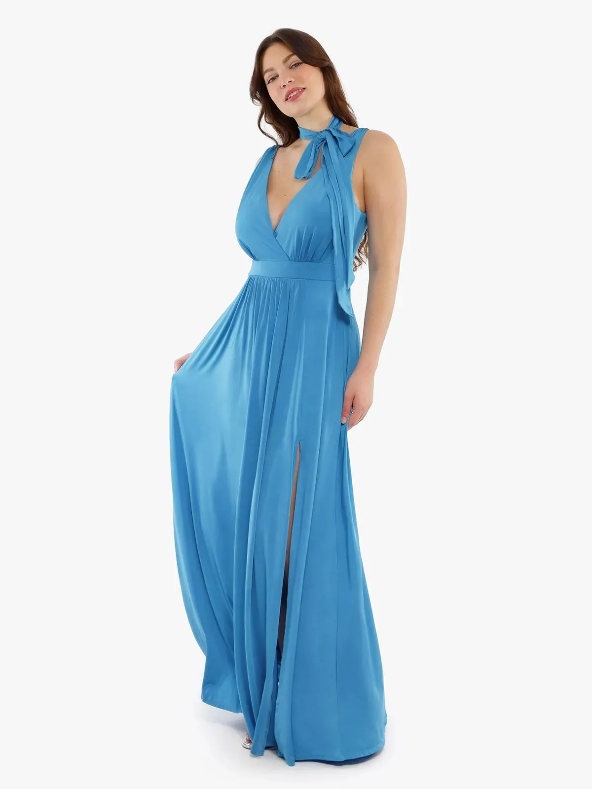 Shapewear Goddess Deep V-Neck Front Slit Maxi Dress