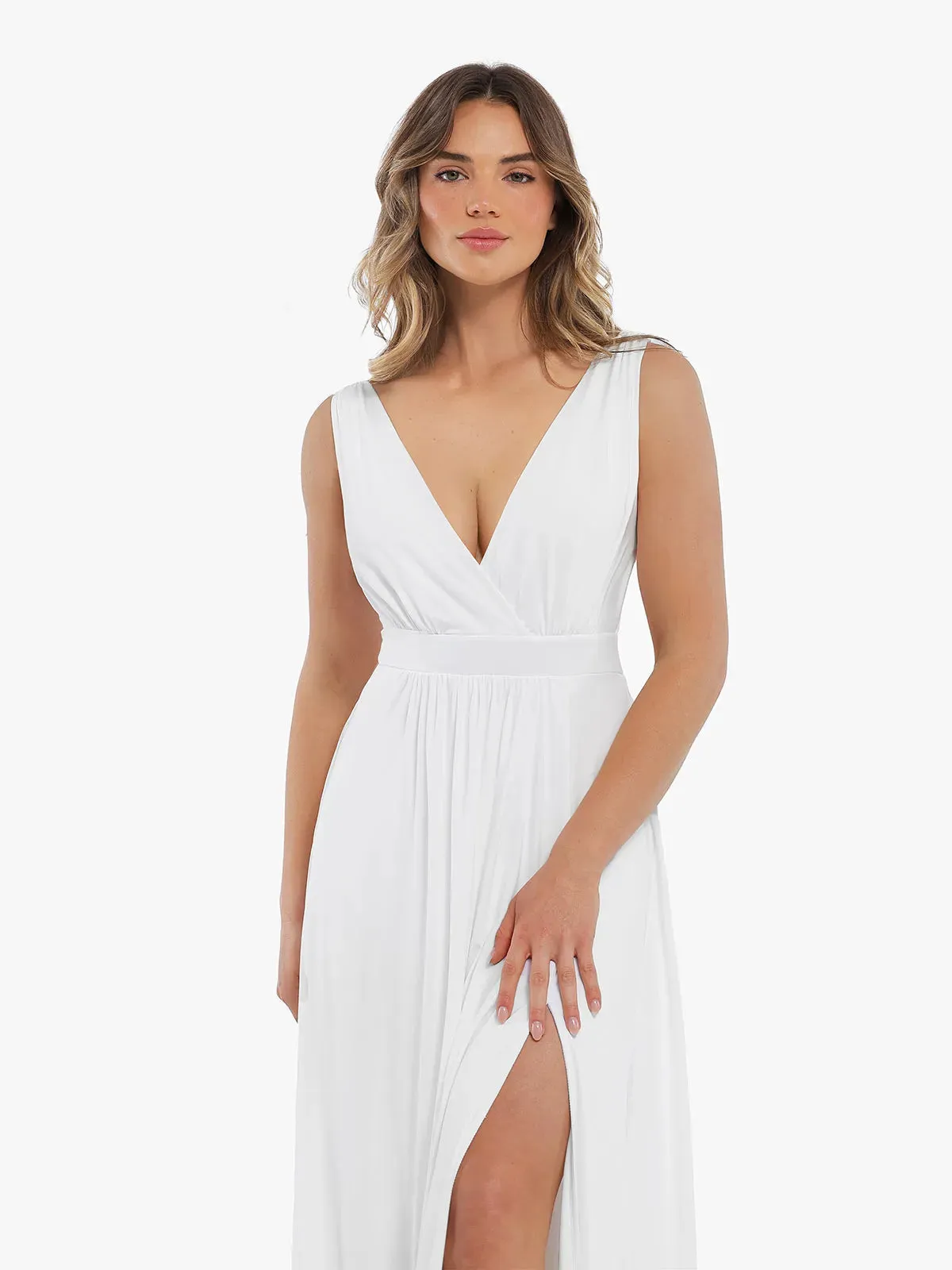 Shapewear Goddess Deep V-Neck Front Slit Maxi Dress