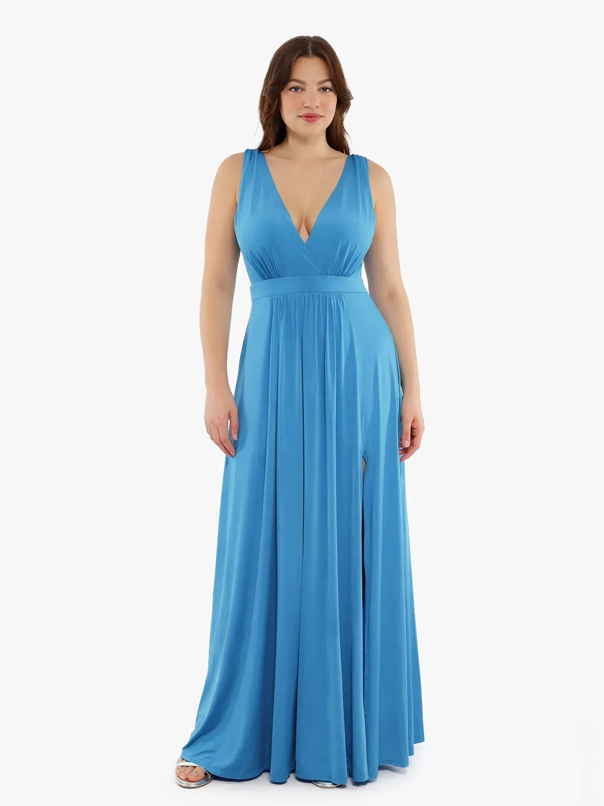 Shapewear Goddess Deep V-Neck Front Slit Maxi Dress