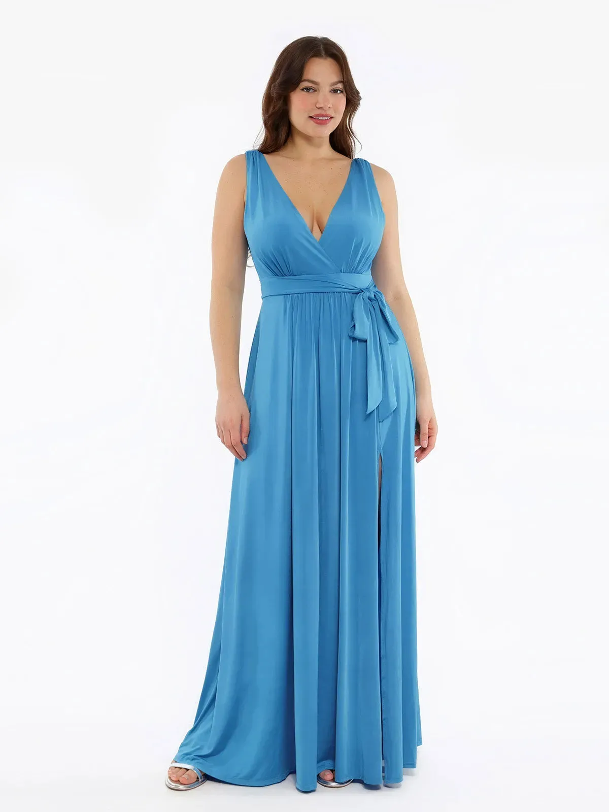 Shapewear Goddess Deep V-Neck Front Slit Maxi Dress