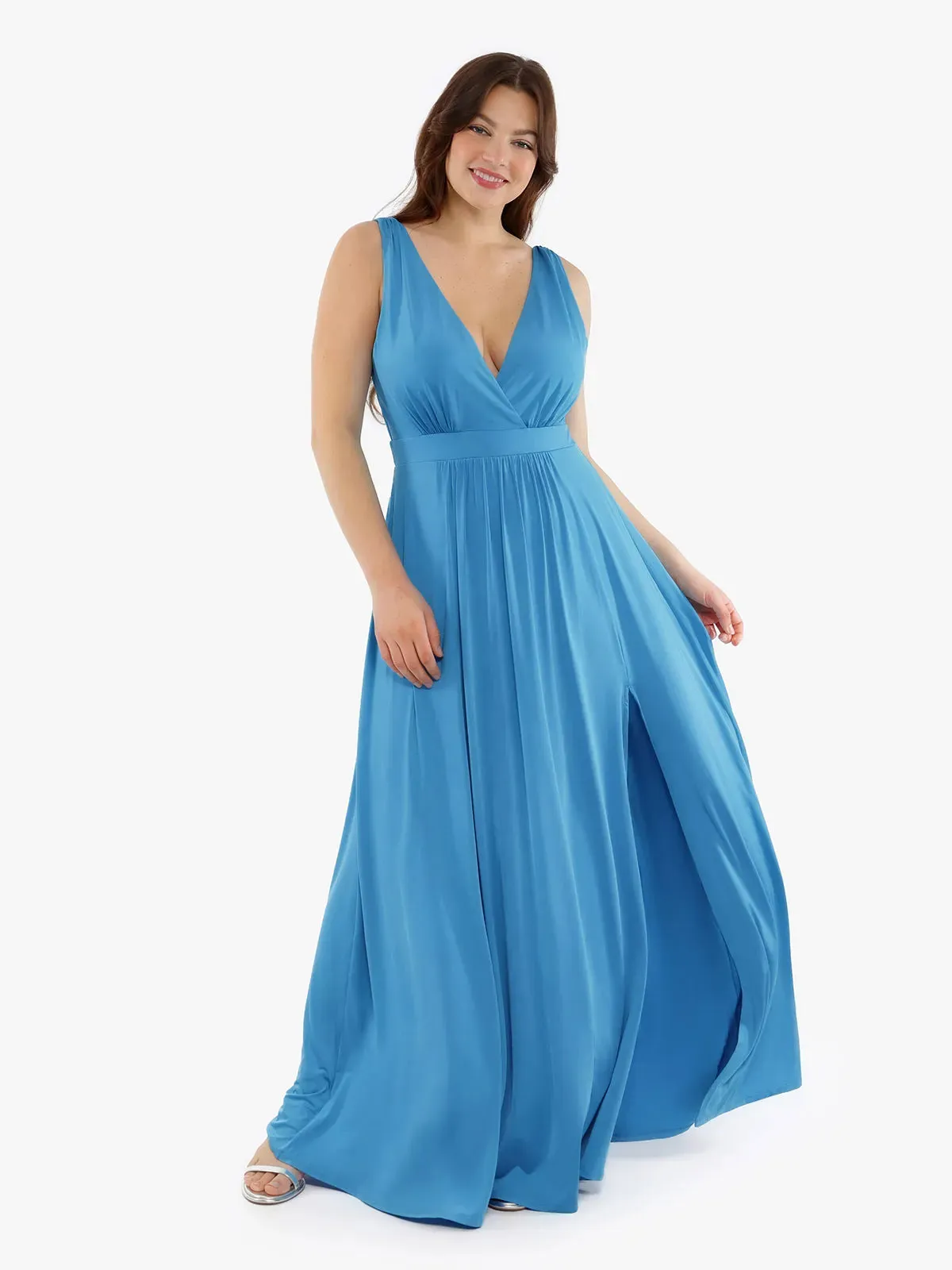 Shapewear Goddess Deep V-Neck Front Slit Maxi Dress