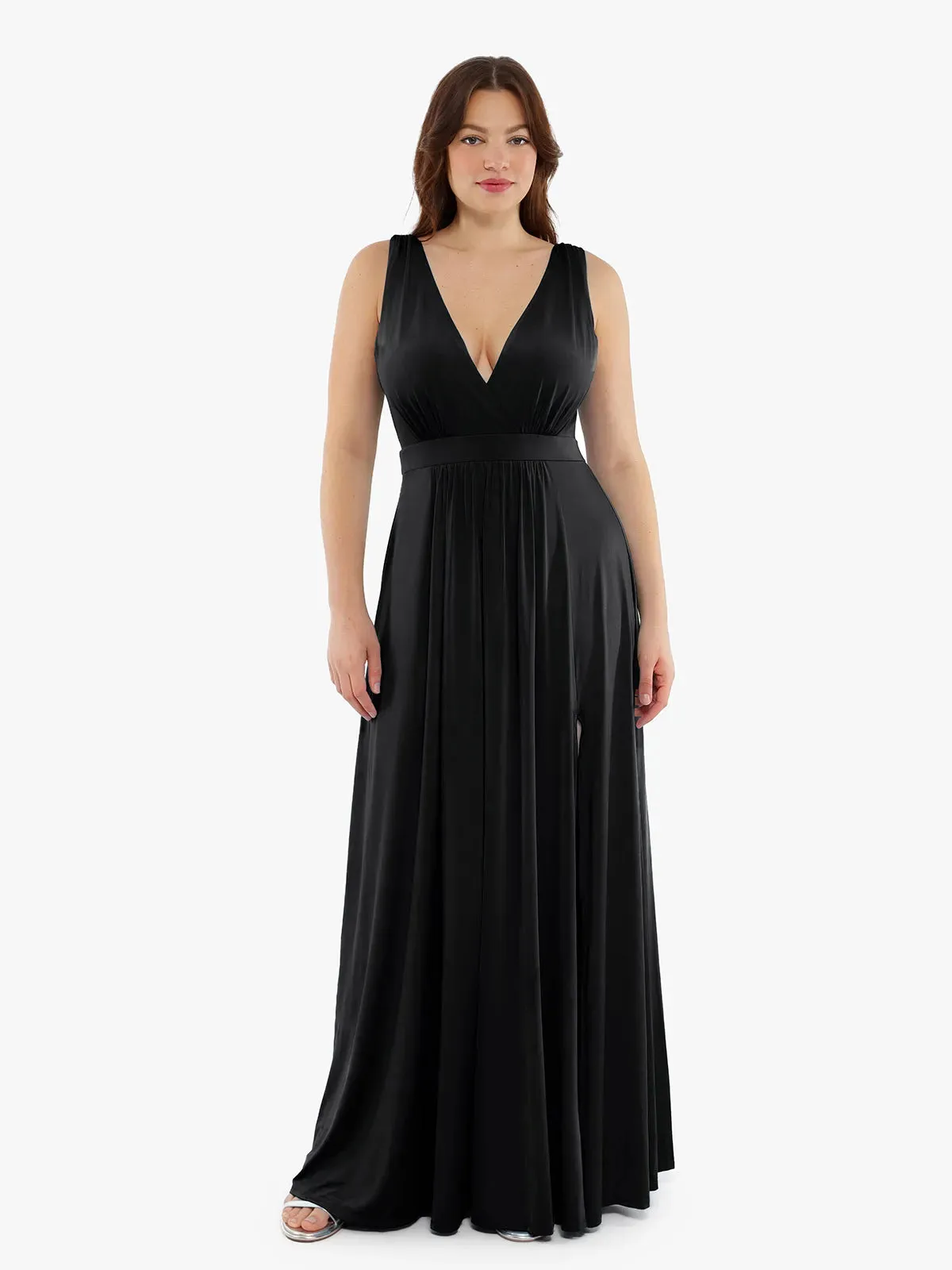 Shapewear Goddess Deep V-Neck Front Slit Maxi Dress