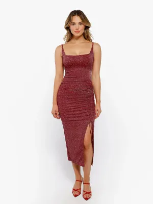 Shapewear Metallic Knit Bodycon Sculpting Slip Midi Dress