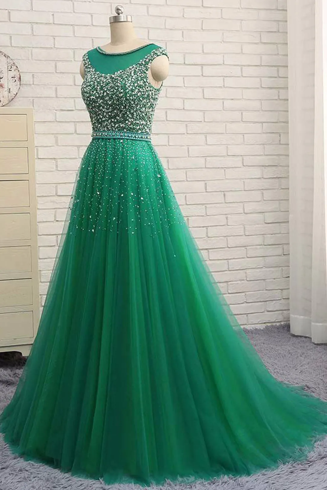 Shinning A Line Green Tulle Sequins Long Evening Dress Long Winter Formal Prom Dresses OHC476