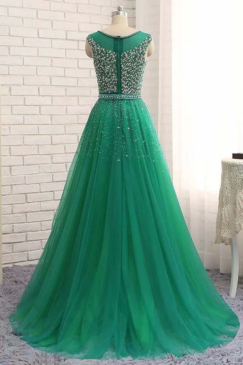 Shinning A Line Green Tulle Sequins Long Evening Dress Long Winter Formal Prom Dresses OHC476