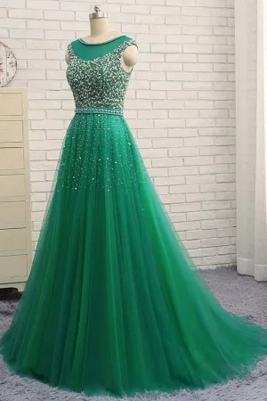 Shinning A Line Green Tulle Sequins Long Evening Dress Long Winter Formal Prom Dresses OHC476