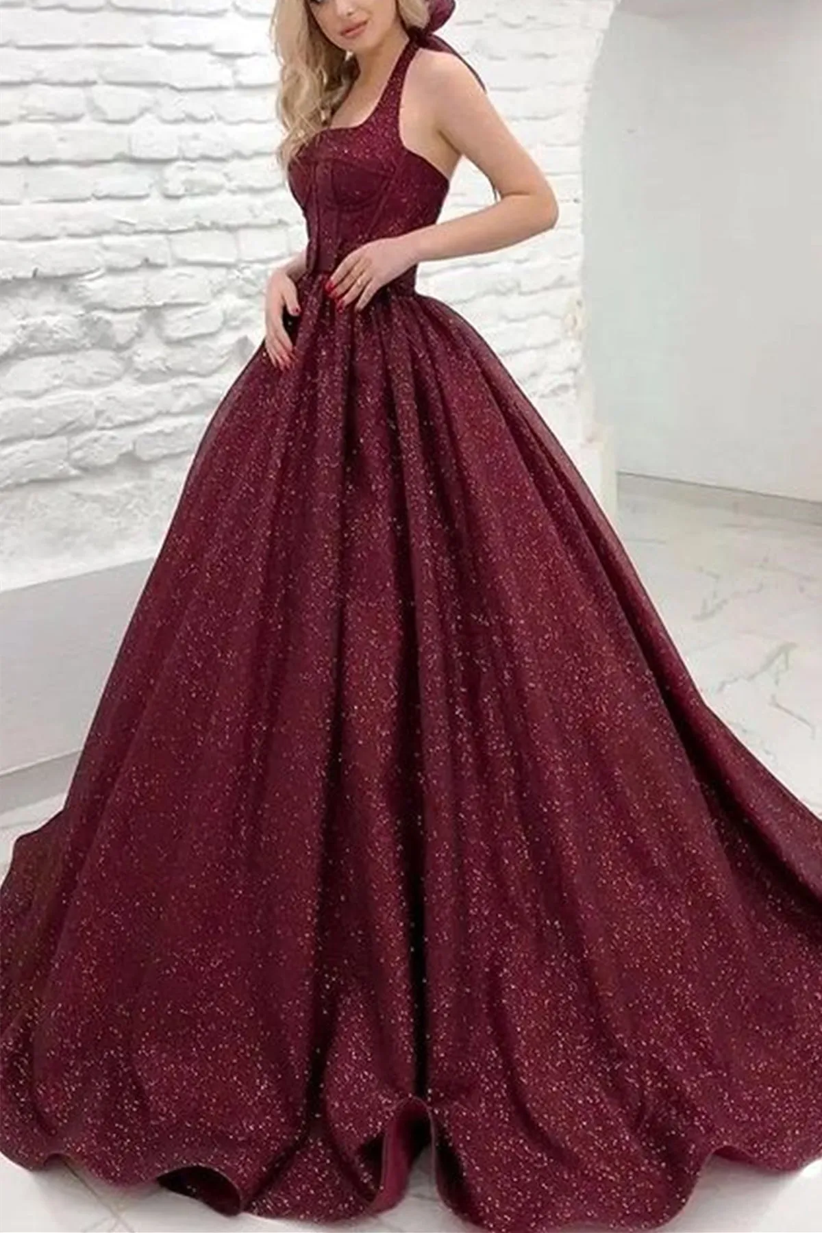 Shiny Halter Open Back Burgundy Prom Dresses Long, Open Back Maroon Formal Evening Dresses, Burgundy Ball Gown A1870