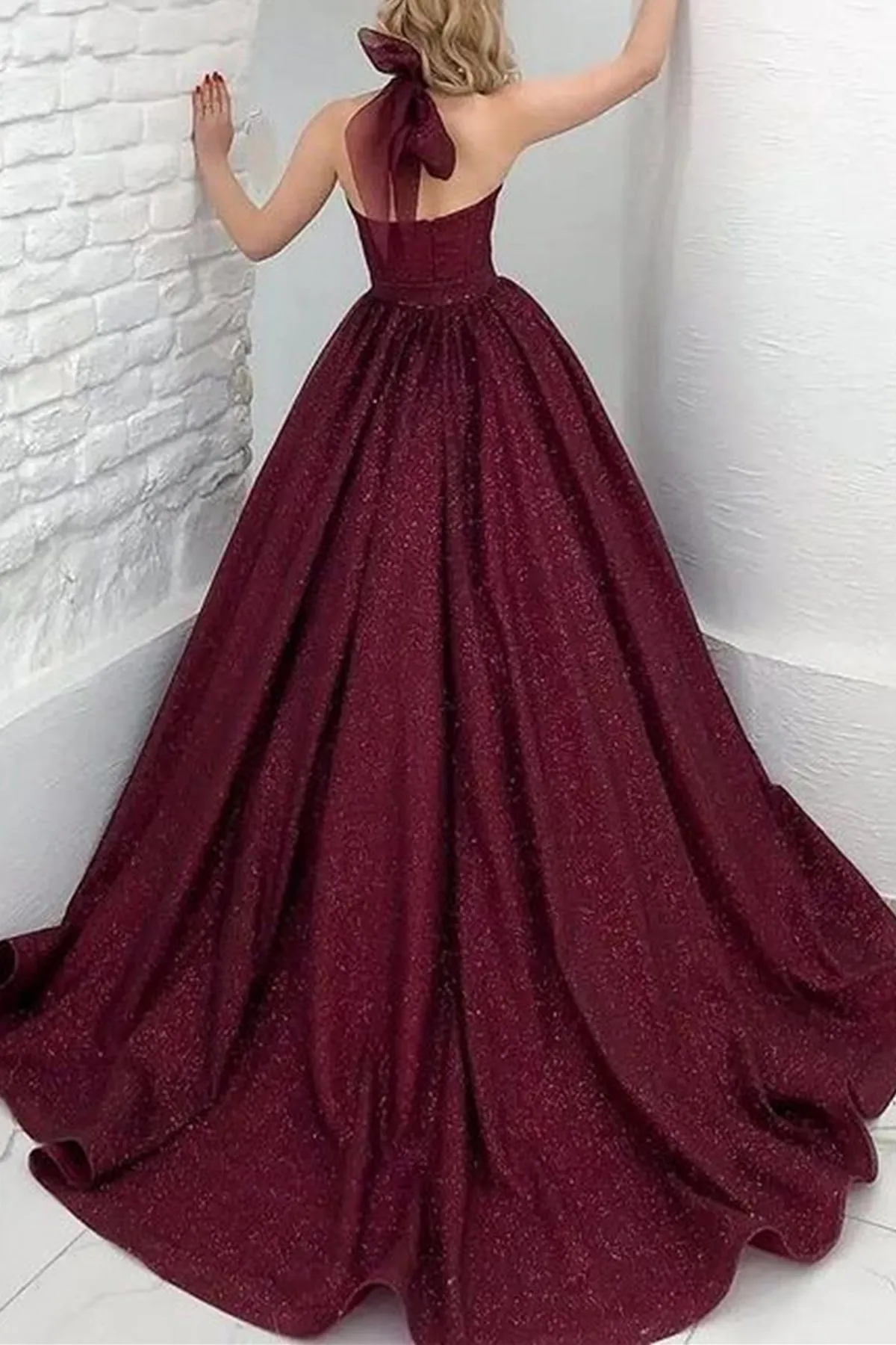 Shiny Halter Open Back Burgundy Prom Dresses Long, Open Back Maroon Formal Evening Dresses, Burgundy Ball Gown A1870