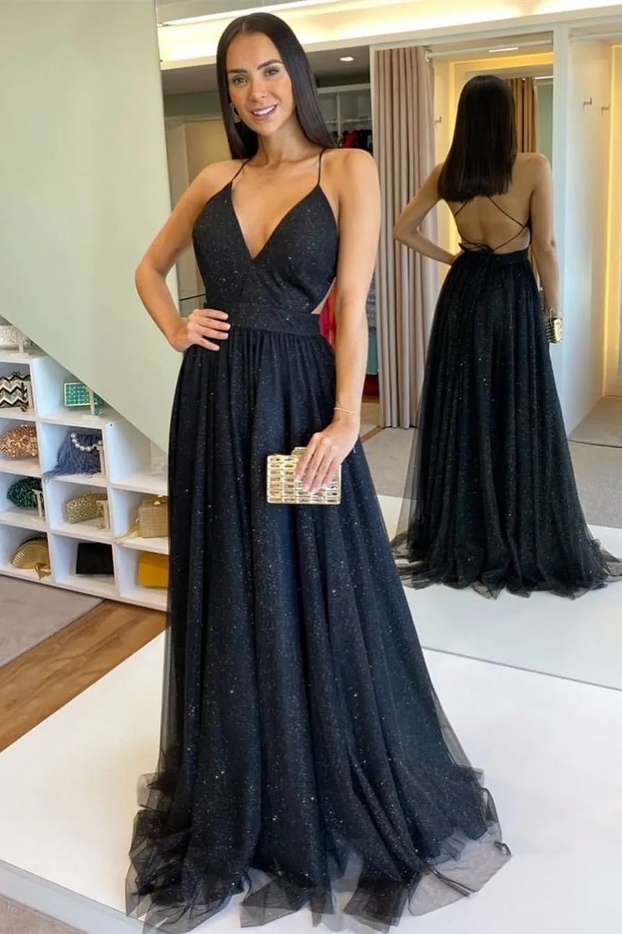 Shiny V Neck Backess Sequins Black Long Prom Dress, Backless Black Formal Dress, Sparkly Black Evening Dress