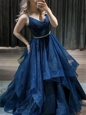 Shiny V Neck Blue Tulle Long Prom Gown, Shiny V Neck Navy Blue Tulle Long Prom Dresses