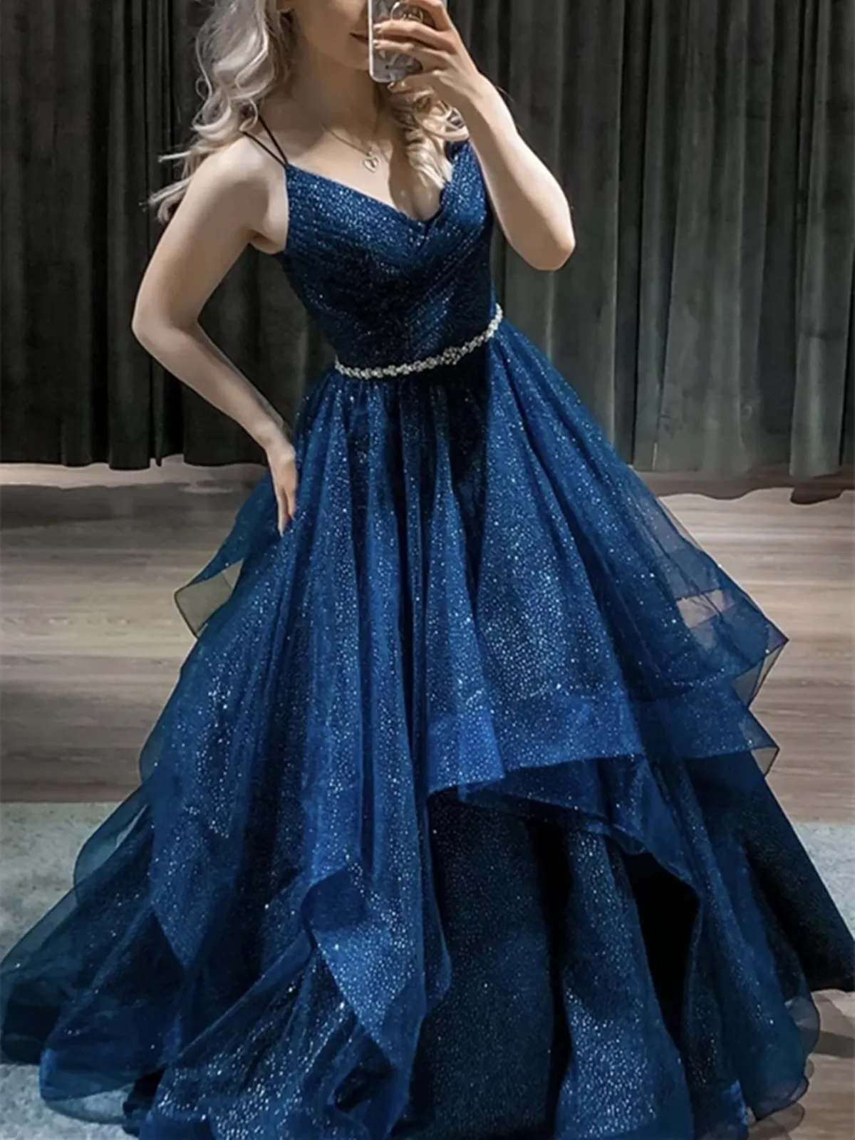 Shiny V Neck Blue Tulle Long Prom Gown, Shiny V Neck Navy Blue Tulle Long Prom Dresses