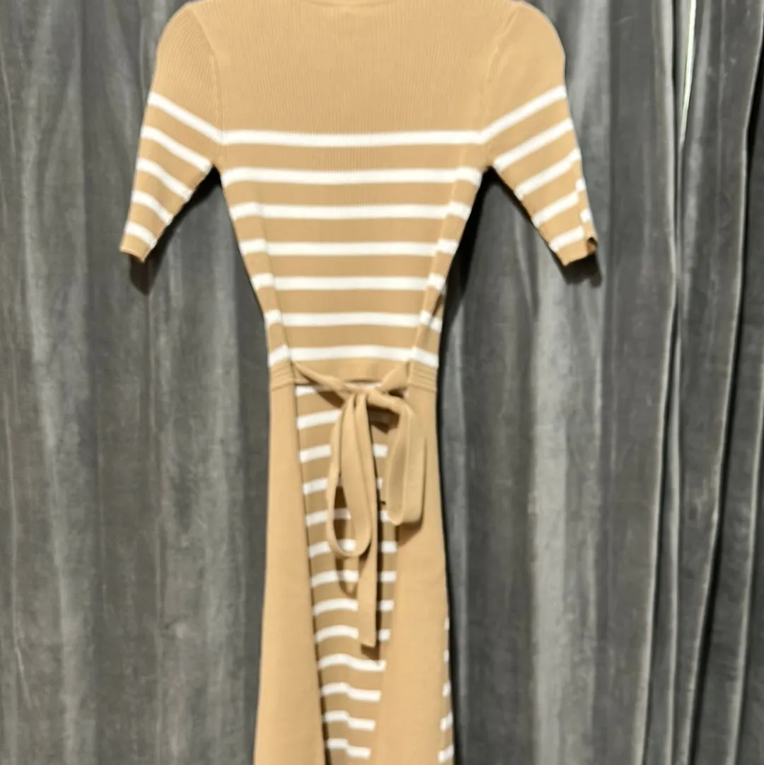 Shoshanna Tan Ribbed Knit White Striped Dress
