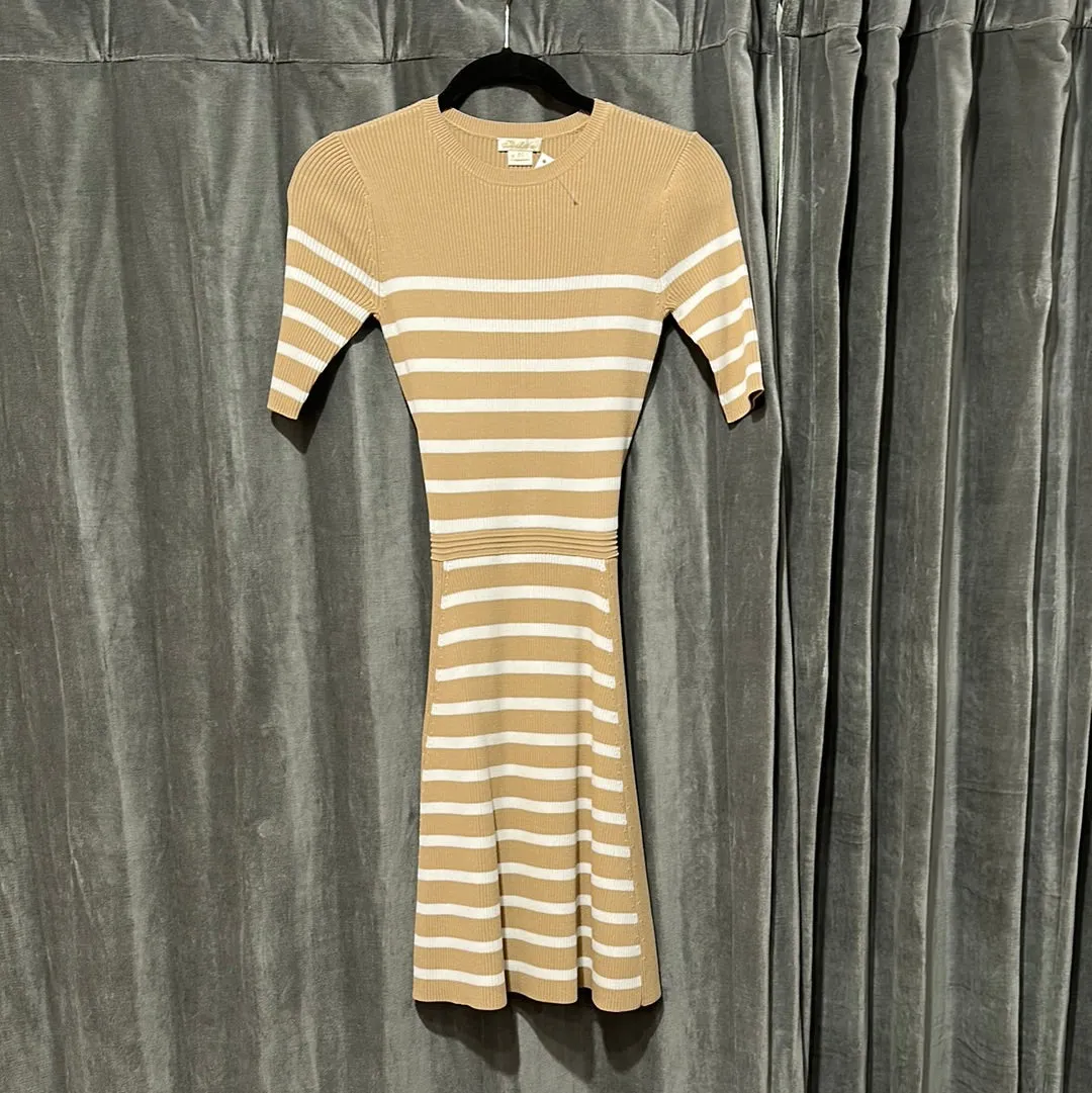 Shoshanna Tan Ribbed Knit White Striped Dress