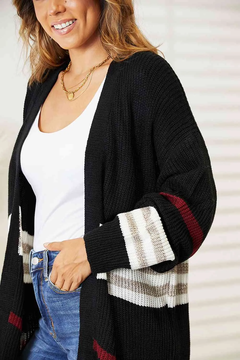 Sia Striped Rib-Knit Drop Shoulder Open Front Cardigan