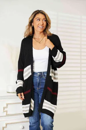 Sia Striped Rib-Knit Drop Shoulder Open Front Cardigan