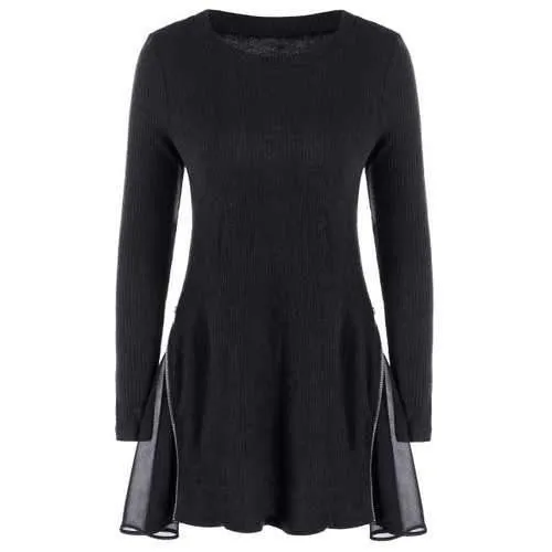 Side Zip Ribbed Long Sleeve Swing Dress - Black Xl