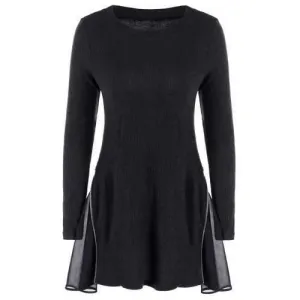 Side Zip Ribbed Long Sleeve Swing Dress - Black Xl
