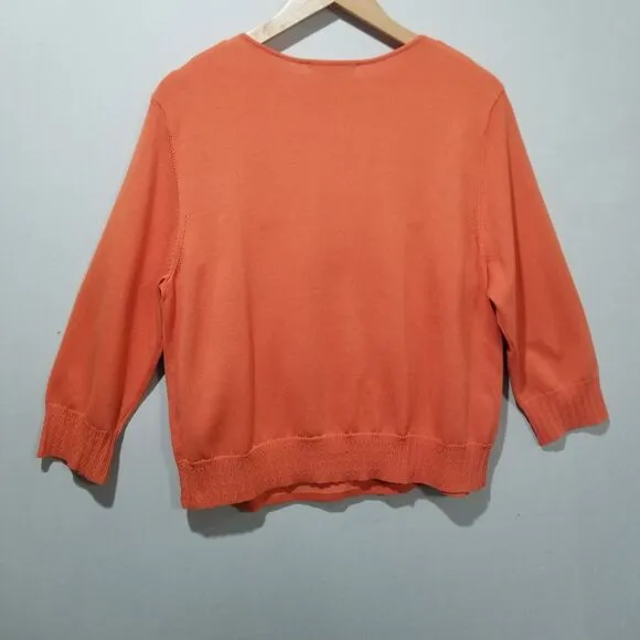 SIGRID OLSEN SWEATER XL SET SILK CARDIGAN RHINESTONE CRYSTAL 3/4 SLEEVE ORANGE