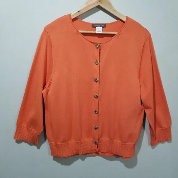 SIGRID OLSEN SWEATER XL SET SILK CARDIGAN RHINESTONE CRYSTAL 3/4 SLEEVE ORANGE