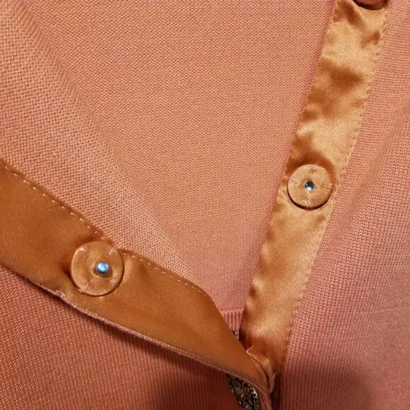 SIGRID OLSEN SWEATER XL SET SILK CARDIGAN RHINESTONE CRYSTAL 3/4 SLEEVE ORANGE