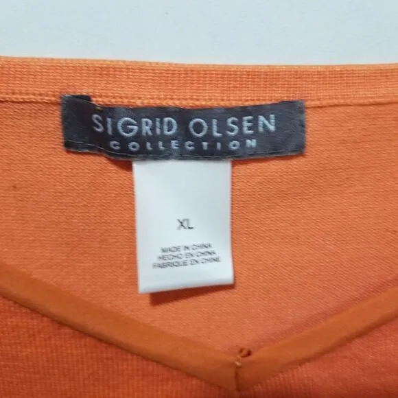 SIGRID OLSEN SWEATER XL SET SILK CARDIGAN RHINESTONE CRYSTAL 3/4 SLEEVE ORANGE