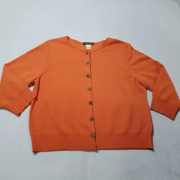 SIGRID OLSEN SWEATER XL SET SILK CARDIGAN RHINESTONE CRYSTAL 3/4 SLEEVE ORANGE