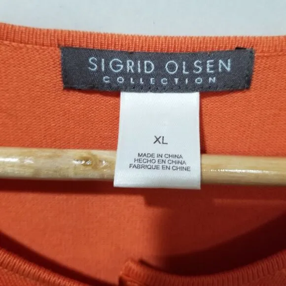SIGRID OLSEN SWEATER XL SET SILK CARDIGAN RHINESTONE CRYSTAL 3/4 SLEEVE ORANGE