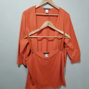 SIGRID OLSEN SWEATER XL SET SILK CARDIGAN RHINESTONE CRYSTAL 3/4 SLEEVE ORANGE