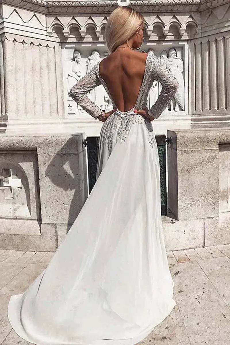 Silver Grey Sequins Long Sleeves Backless Prom Dress, Long Sleeves Silver Grey Formal Dress, Silver Grey Evening Dress