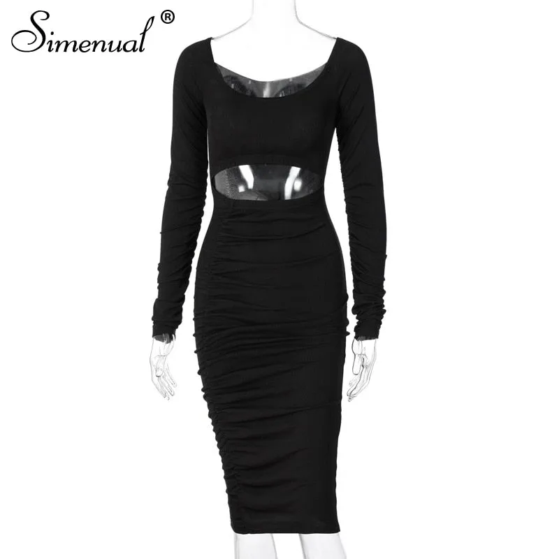 Simenual Geraffte Cut Out Rippen Gestapelt Bodycon Kleider Langarm Sexy Clubwear Herbst 2020 Frauen Kleidung Party Midi Kleid Schlank