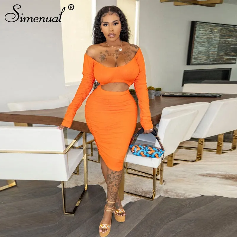 Simenual Geraffte Cut Out Rippen Gestapelt Bodycon Kleider Langarm Sexy Clubwear Herbst 2020 Frauen Kleidung Party Midi Kleid Schlank