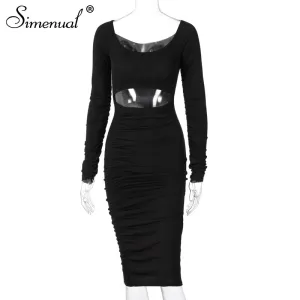 Simenual Geraffte Cut Out Rippen Gestapelt Bodycon Kleider Langarm Sexy Clubwear Herbst 2020 Frauen Kleidung Party Midi Kleid Schlank