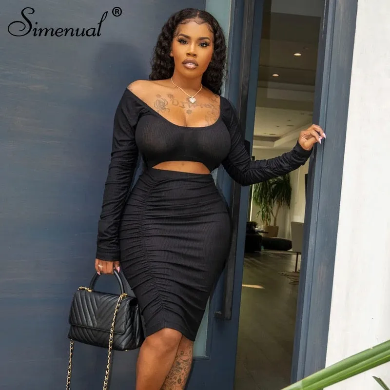 Simenual Geraffte Cut Out Rippen Gestapelt Bodycon Kleider Langarm Sexy Clubwear Herbst 2020 Frauen Kleidung Party Midi Kleid Schlank
