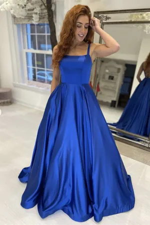 Simple A Line Royal Blue Satin Long Prom Dress, Long Blue Formal Graduation Evening Dress