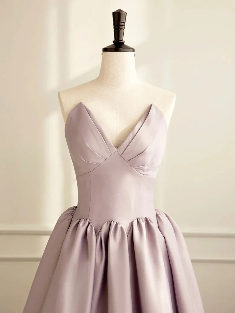 Simple A Line Satin Pink Strapless Long Prom Dresses, Pink Formal Bridesmaid Dresses
